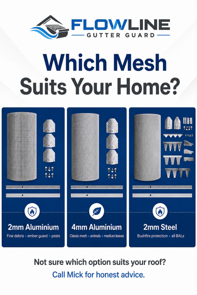Gutter guard mesh types - 2mm and 4mm aluminium and 2mm steel options for Sunshine Coast homes