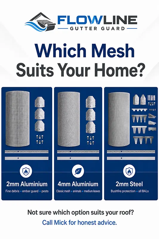 Gutter guard Cooroy mesh types - 2mm and 4mm aluminium and 2mm steel options
